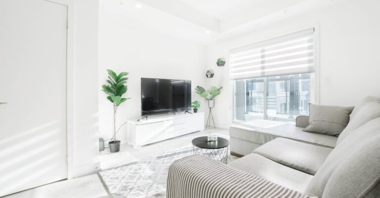 Como acertar na escolha do material de construção ideal para cada ambiente da casa Ambiente de sala de estar bem iluminada com sofá, TV e planta