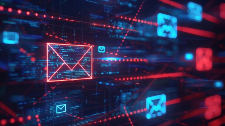 Como a perícia digital verifica se um e-mail é verdadeiro ou falso? Ilustração de um sistema de cibersegurança em ação, com ícones de email em destaque.